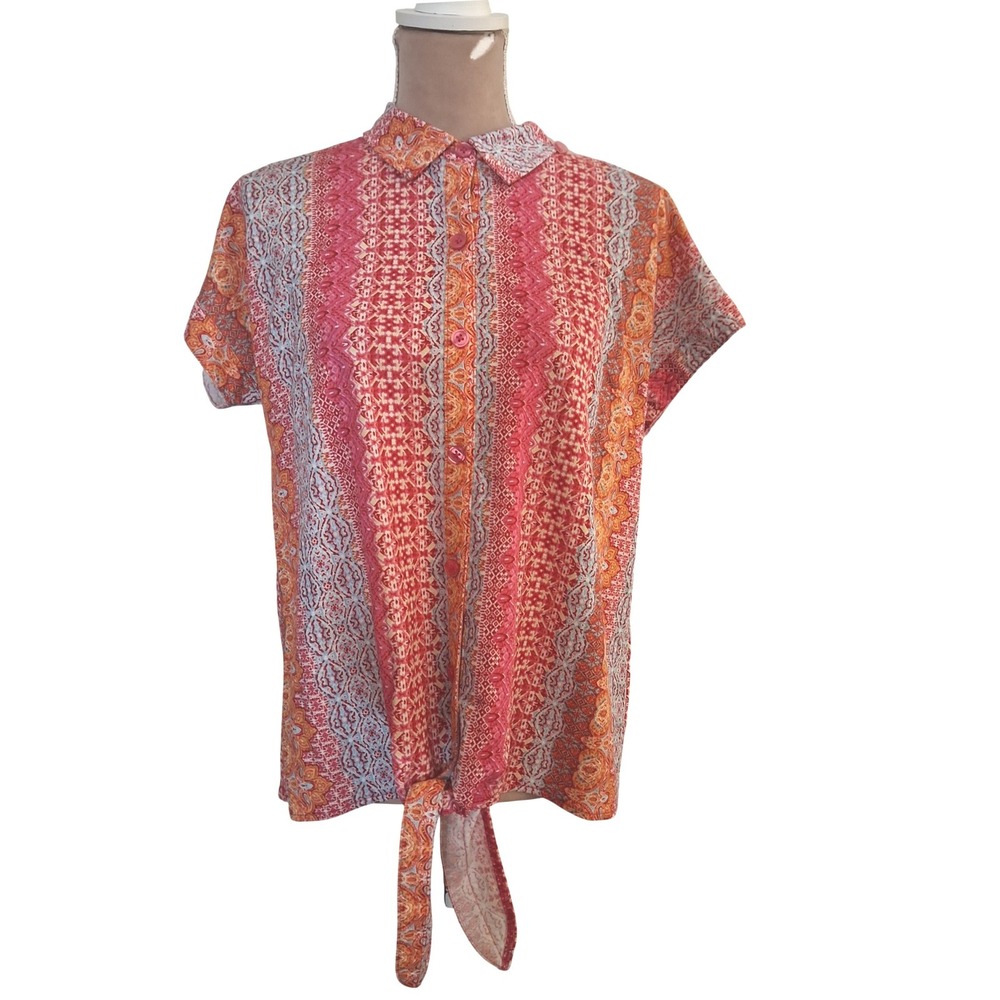 Belle Beach Kim Gravel Pink Orange Paisley Tie Front Button Up Top Small New